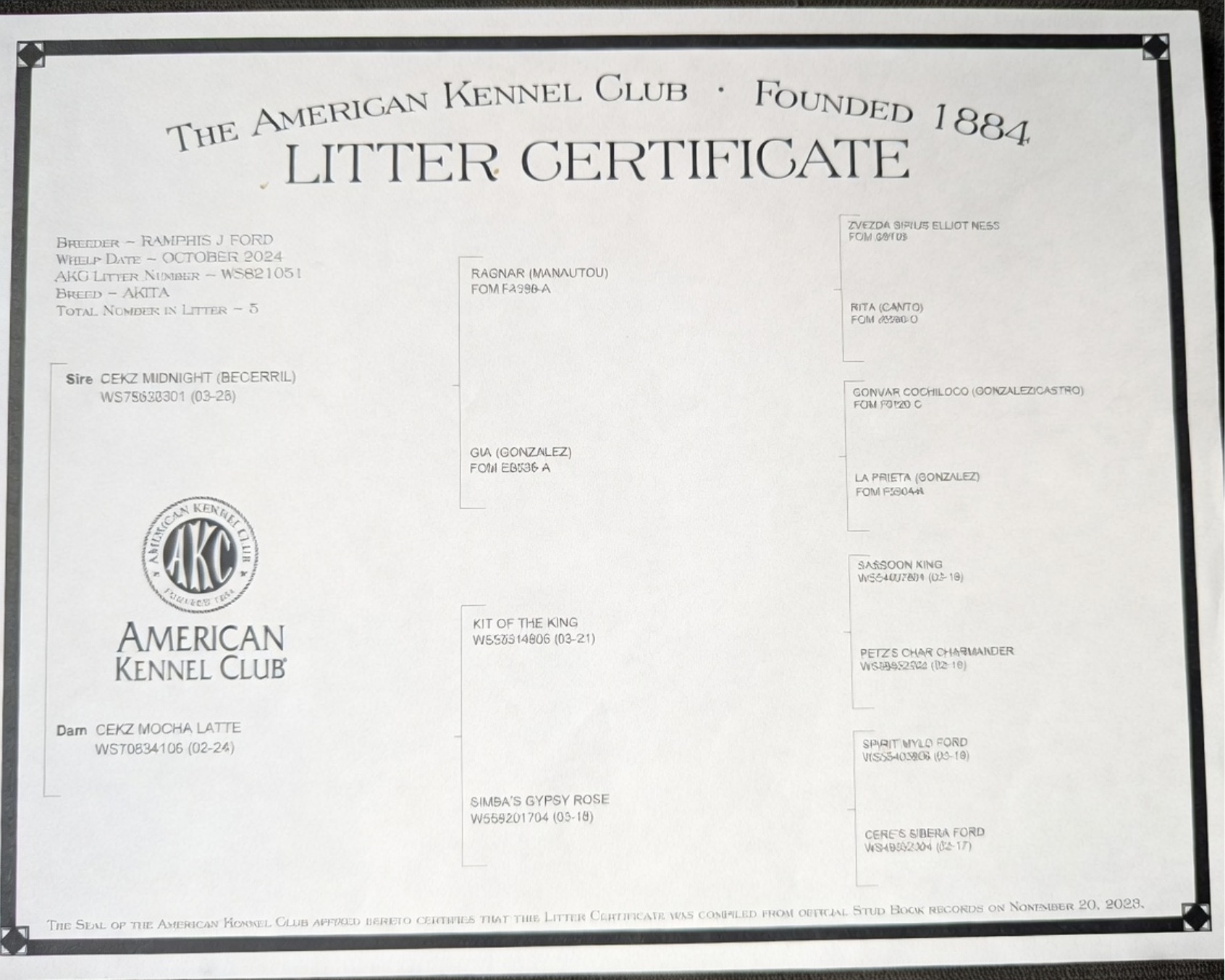 akc-litter-certificate-american-akita-puppies AKC Litter Certificate documenting the pedigree of our American Akita puppies, bred by Ramphis J Ford.